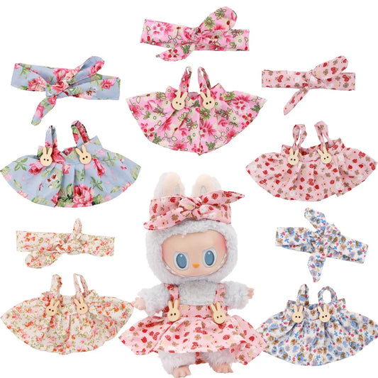 Labubu Clothes For 15-17CM Doll Floral Skirt Halter Dress Hairband 2PCS/Pack Plush Cotton Doll Dress Up Game Accessory Fans Gift